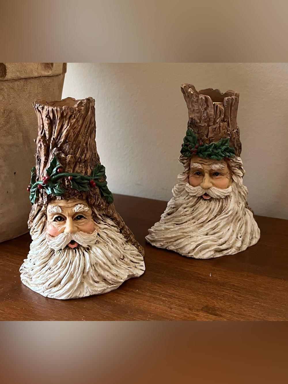 Santa Tree-Log Candlestick Holder Pair - Cream & Brown Holiday Accents